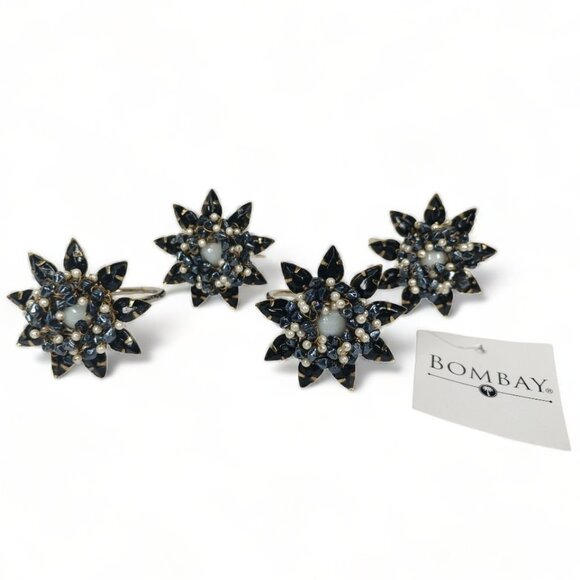 The Bombay Company Luxurious Black Pearl Floral Napkin Ring Set - Picture 5 of 12